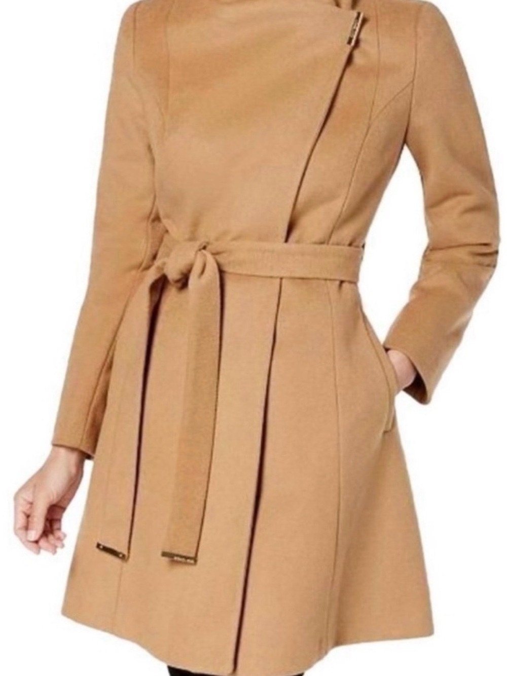 Michael Kors Camel Tie-Waist Long Sleeve Dress Coat